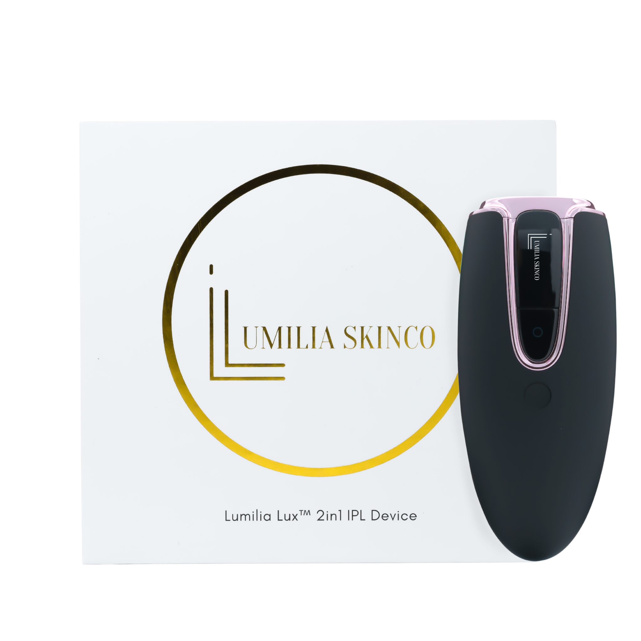 Black Lumilia Lux™ 2-in-1 IPL laser hair removal and skin rejuvenation device paired with premium branded packaging. FDA cleared and NRCS certified for safe, at-home use in South Africa and worldwide.