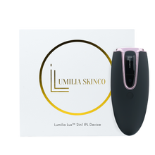 Load image into Gallery viewer, Black Lumilia Lux™ 2-in-1 IPL laser hair removal and skin rejuvenation device paired with premium branded packaging. FDA cleared and NRCS certified for safe, at-home use in South Africa and worldwide.
