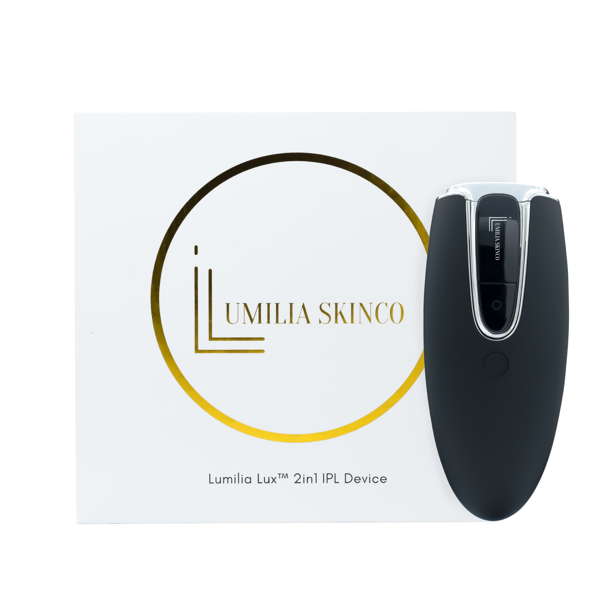 Lumilia Skin Co. branded packaging for the Lumilia Lux™ 2-in-1 IPL laser device — premium unboxing experience. FDA cleared and NRCS certified.