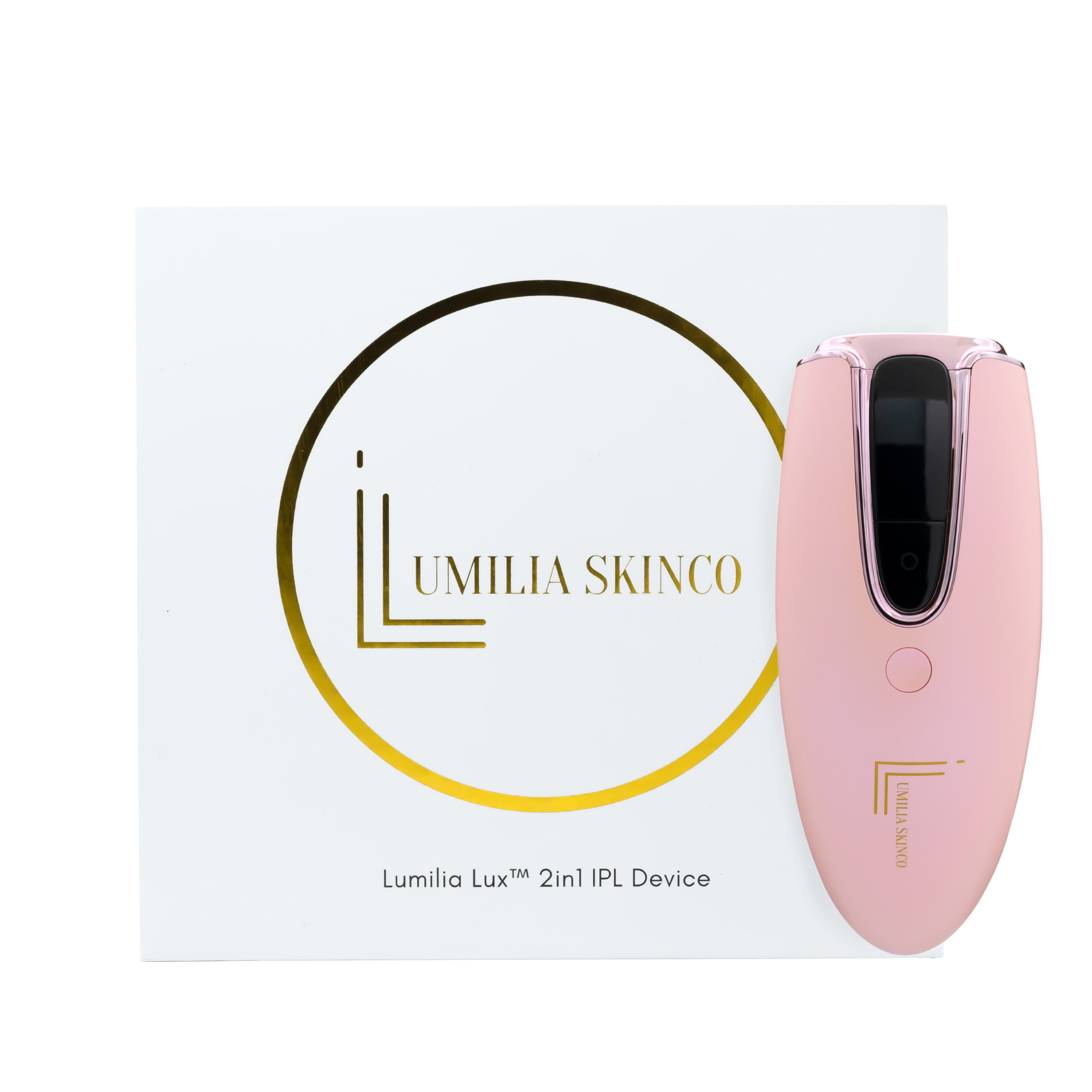 Pink Lumilia Lux™ 2-in-1 IPL laser hair removal and skin rejuvenation device with rose gold trim next to premium branded packaging. FDA cleared and NRCS certified for safe, at-home use in South Africa and worldwide.