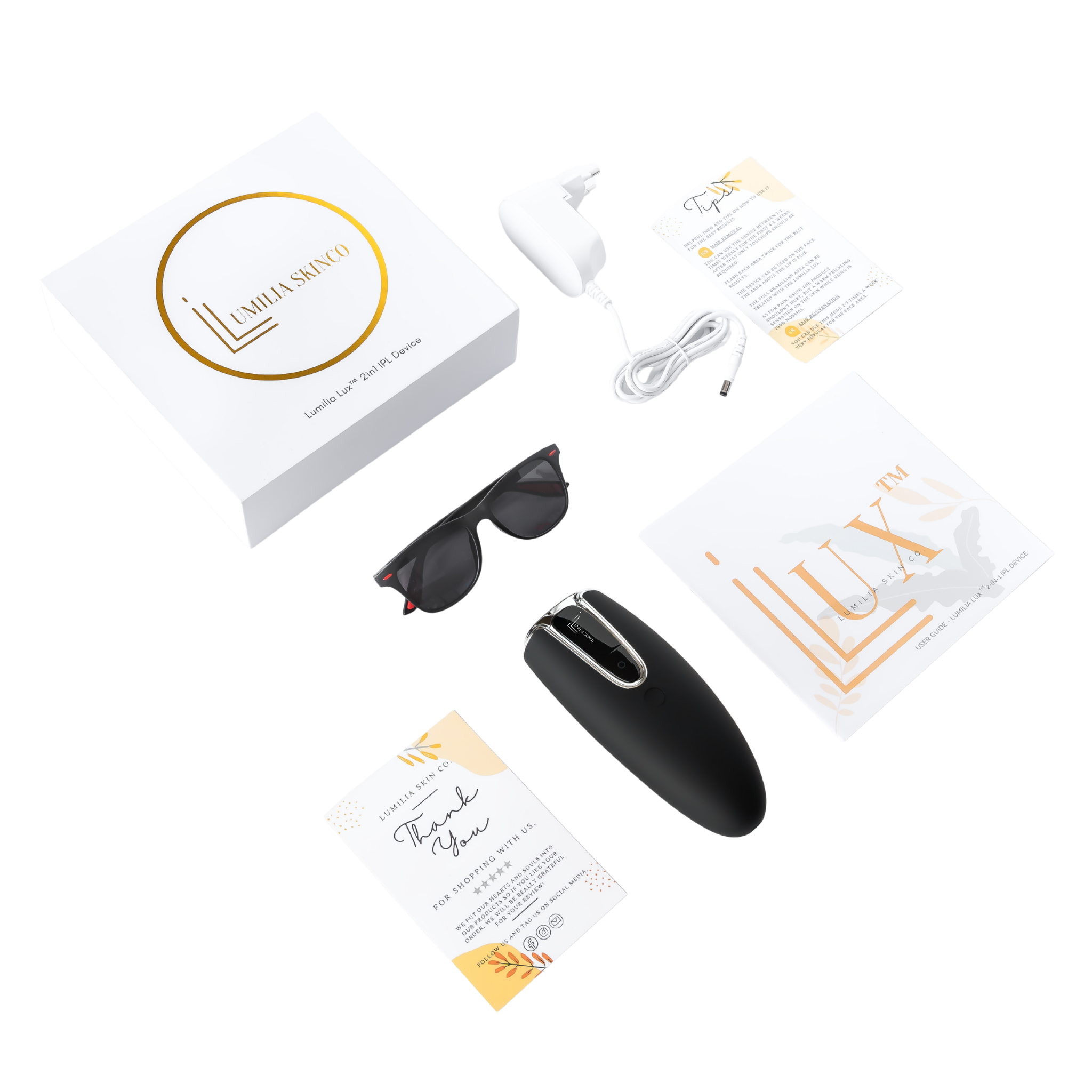 Lumilia Lux™ 2-in-1 IPL laser hair removal full set — device, premium branded packaging, protective sunglasses, charger and user guide. FDA cleared and NRCS certified for South Africa and worldwide.