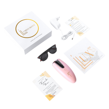 Load image into Gallery viewer, Pink Lumilia Lux™ 2-in-1 IPL device with rose gold trim and complete kit — premium branded box, protective sunglasses and accessories included. FDA cleared and NRCS certified for South Africa.

