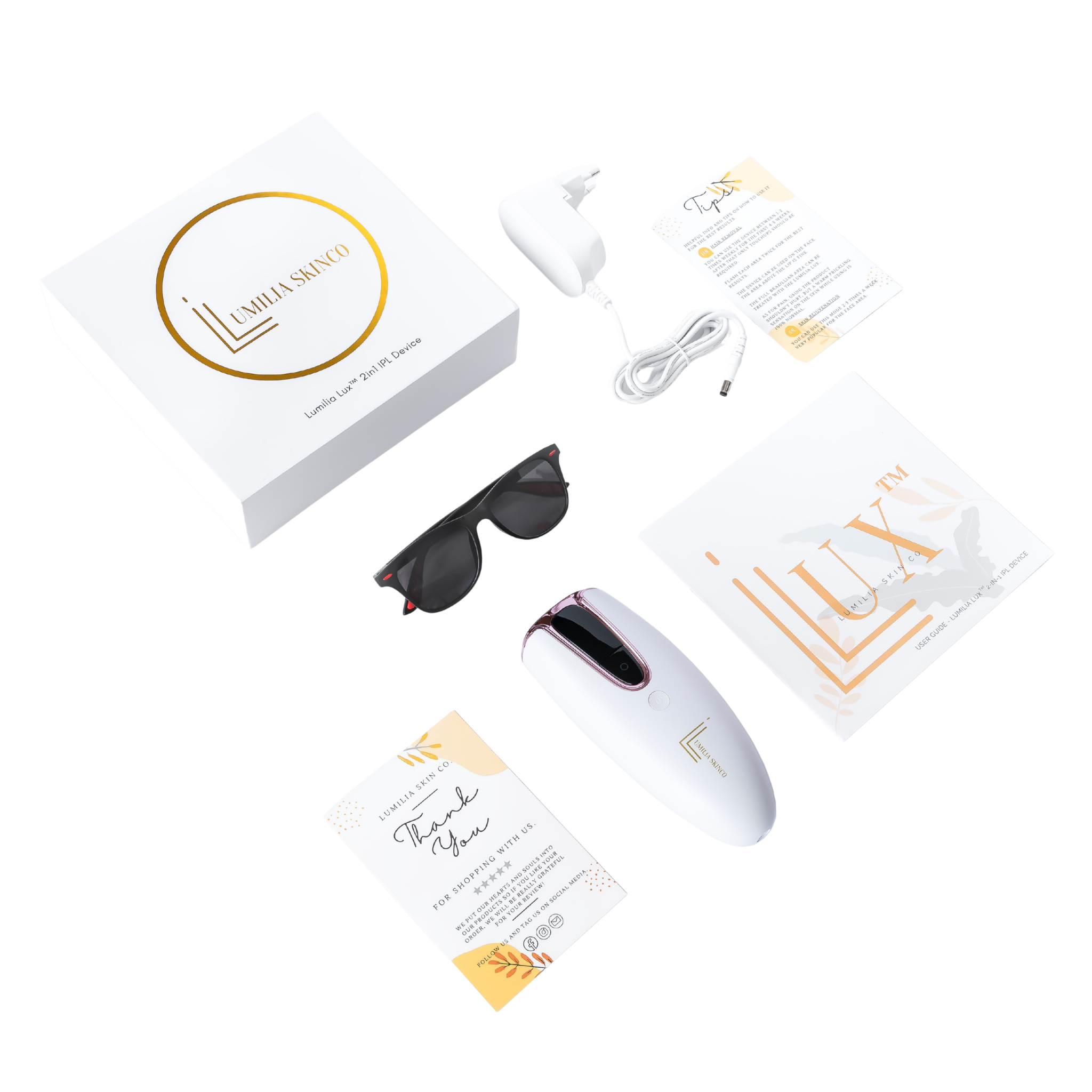 White Lumilia Lux™ 2-in-1 IPL device full kit — everything included for your at-home hair removal journey with premium packaging and accessories. NRCS certified.