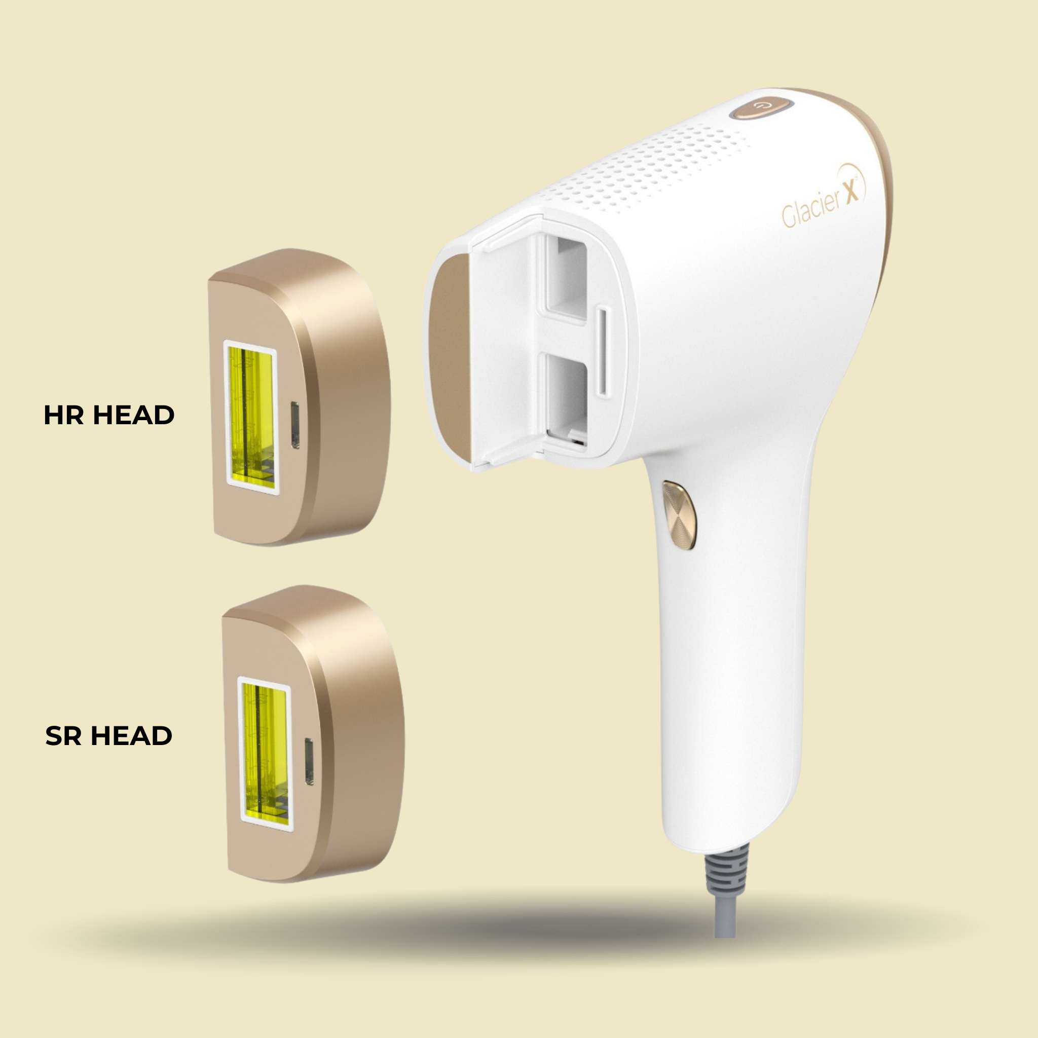 Lumilia GlacierX 3-in-1 white IPL device with interchangeable HR and SR heads on beige background