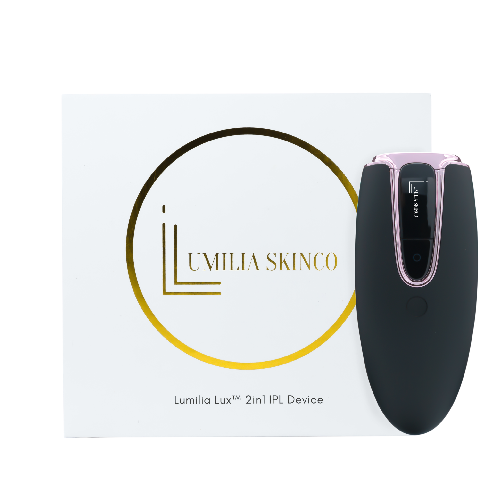 Black Lumilia Lux™ 2in1 IPL laser hair removal and skin rejuvenation device with rose gold trim, standing upright next to official Lumilia Skin Co. packaging. FDA cleared and NRCS certified for safe, at-home use in South Africa and worldwide.