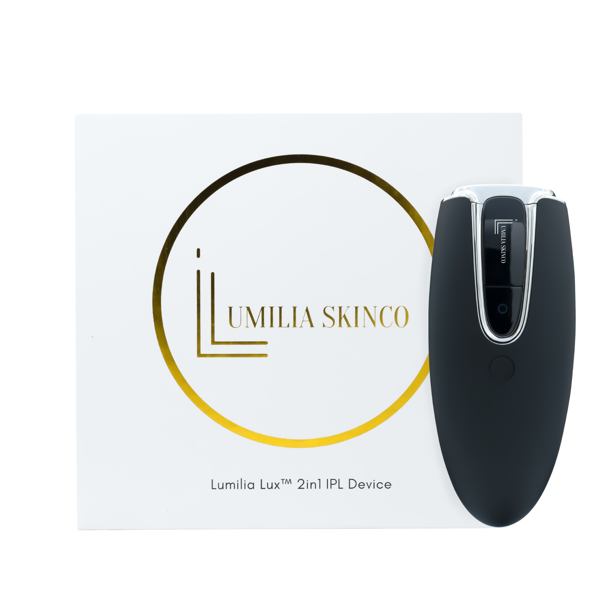 Black Silver Lumilia Lux™ 2in1 IPL laser hair removal and skin rejuvenation device with rose gold trim, standing upright next to official Lumilia Skin Co. packaging. FDA cleared and NRCS certified for safe, at-home use in South Africa and worldwide.