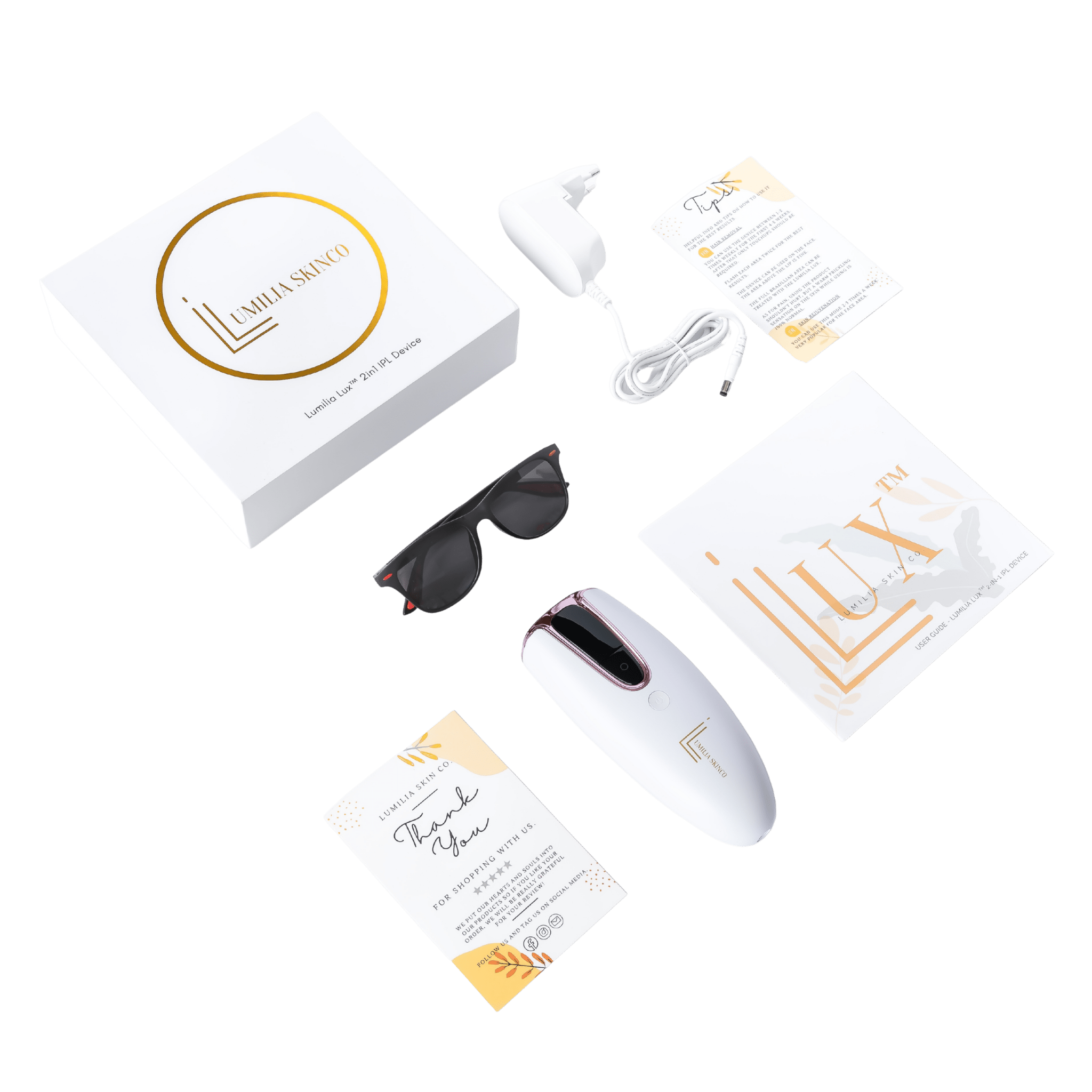 White Lumilia Lux™ 2-in-1 IPL device full kit — everything included for your at-home hair removal journey. FDA certified.