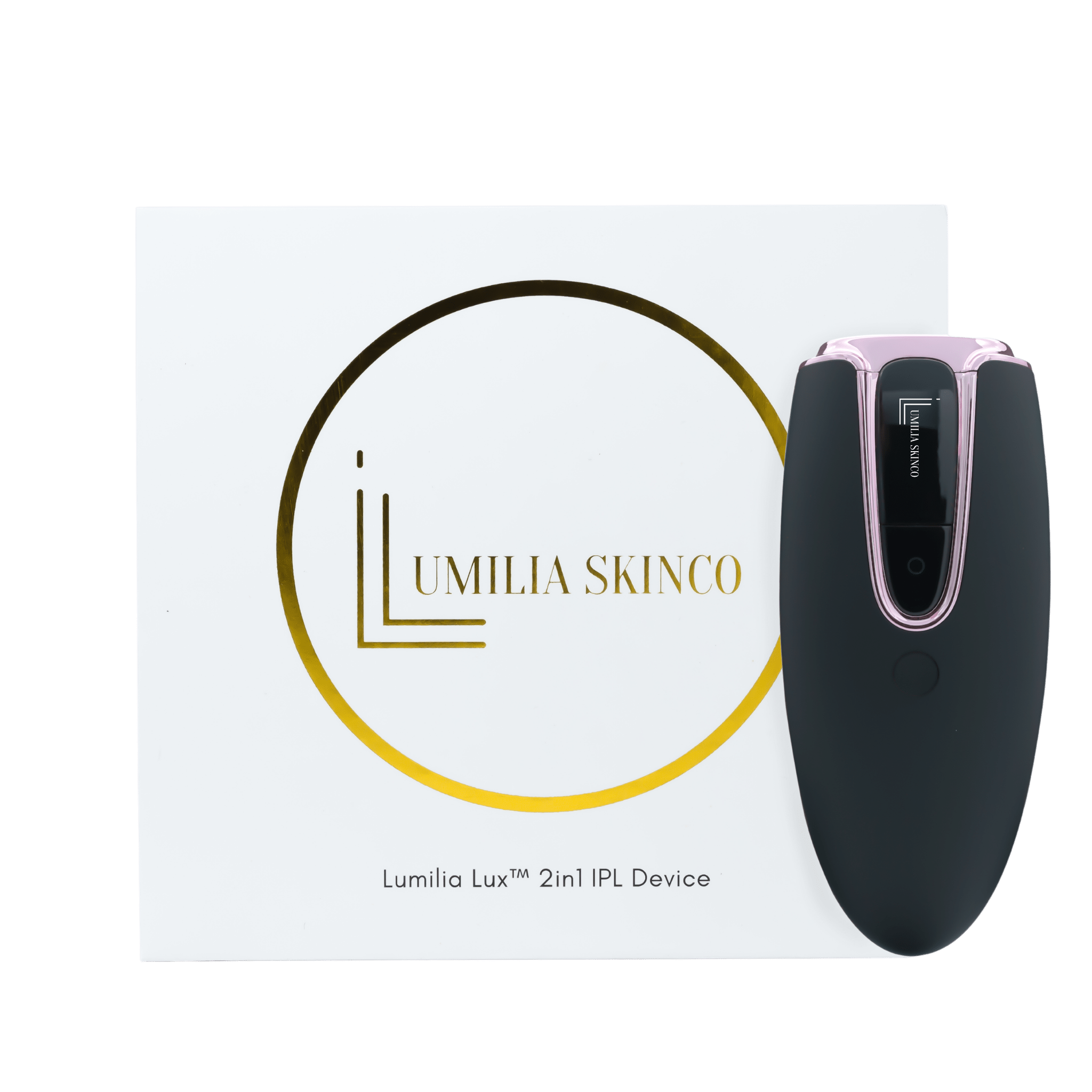 Black Lumilia Lux™ 2-in-1 IPL laser hair removal and skin rejuvenation device. FDA cleared for safe, at-home use.