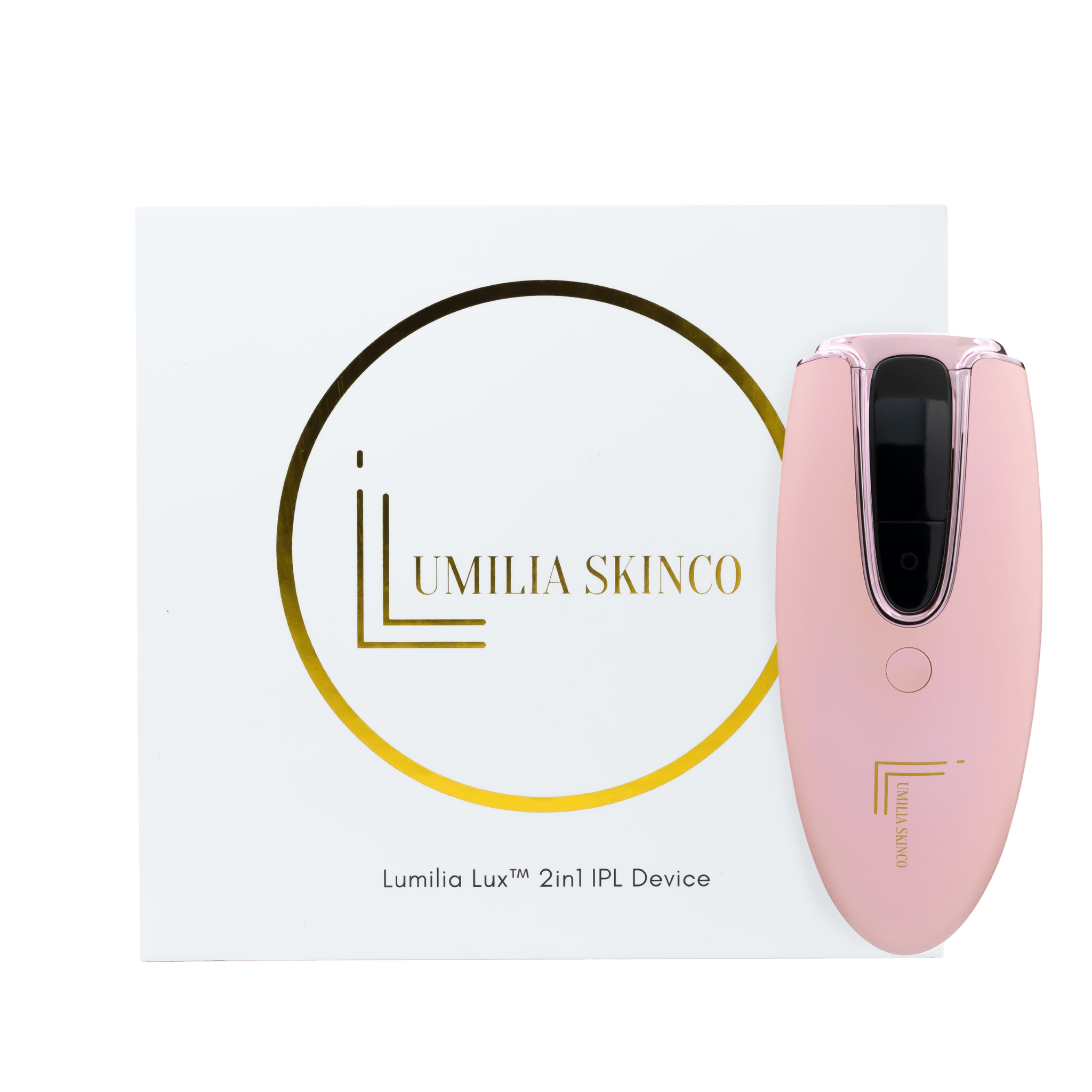 Pink Lumilia Lux™ 2in1 IPL laser hair removal and skin rejuvenation device with rose gold trim with premium packaging.
