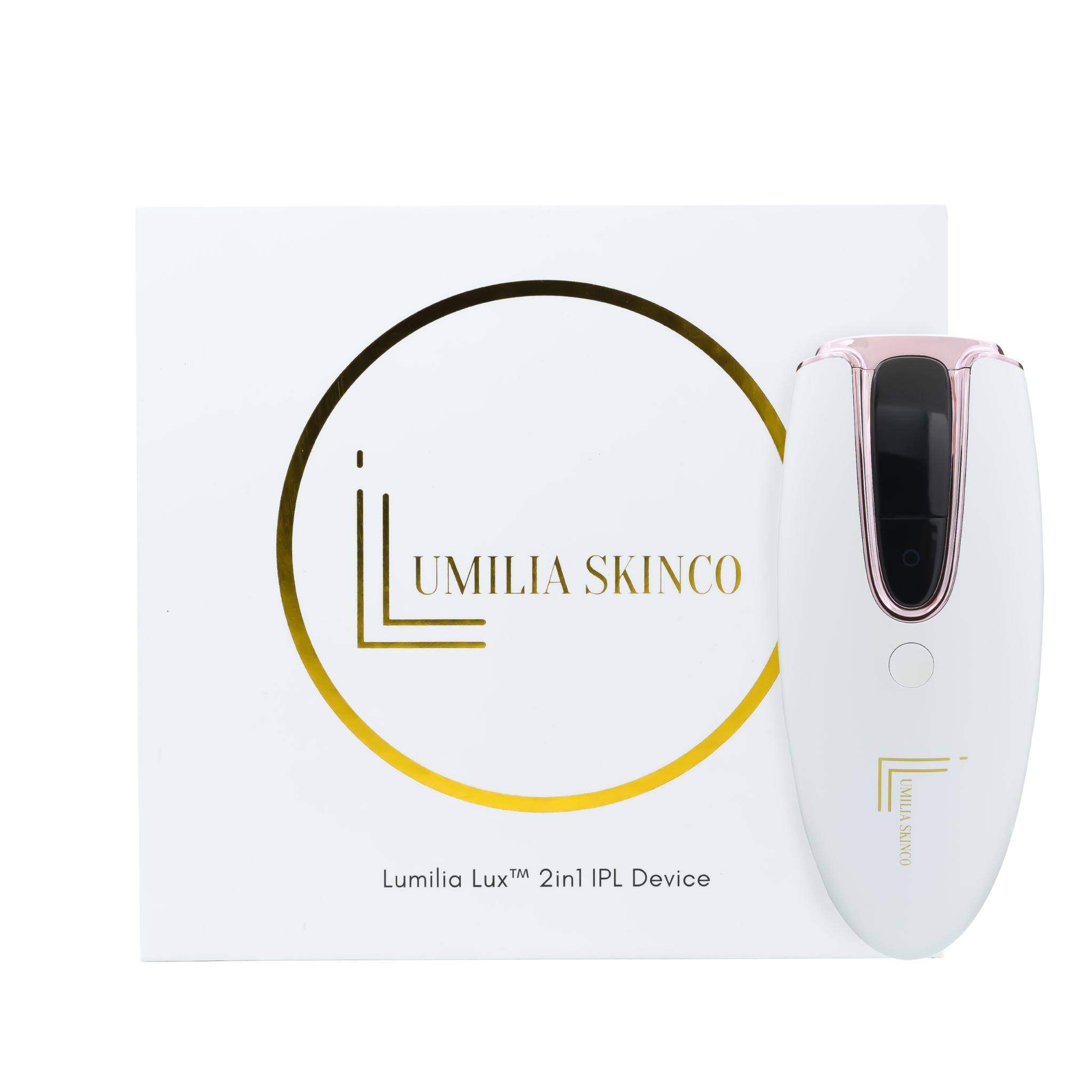 White Lumilia Lux™ 2in1 IPL laser hair removal and skin rejuvenation device with rose gold trim, standing upright beside premium Lumilia Skin Co. packaging. FDA cleared and NRCS approved for safe, at-home use in South Africa and globally.