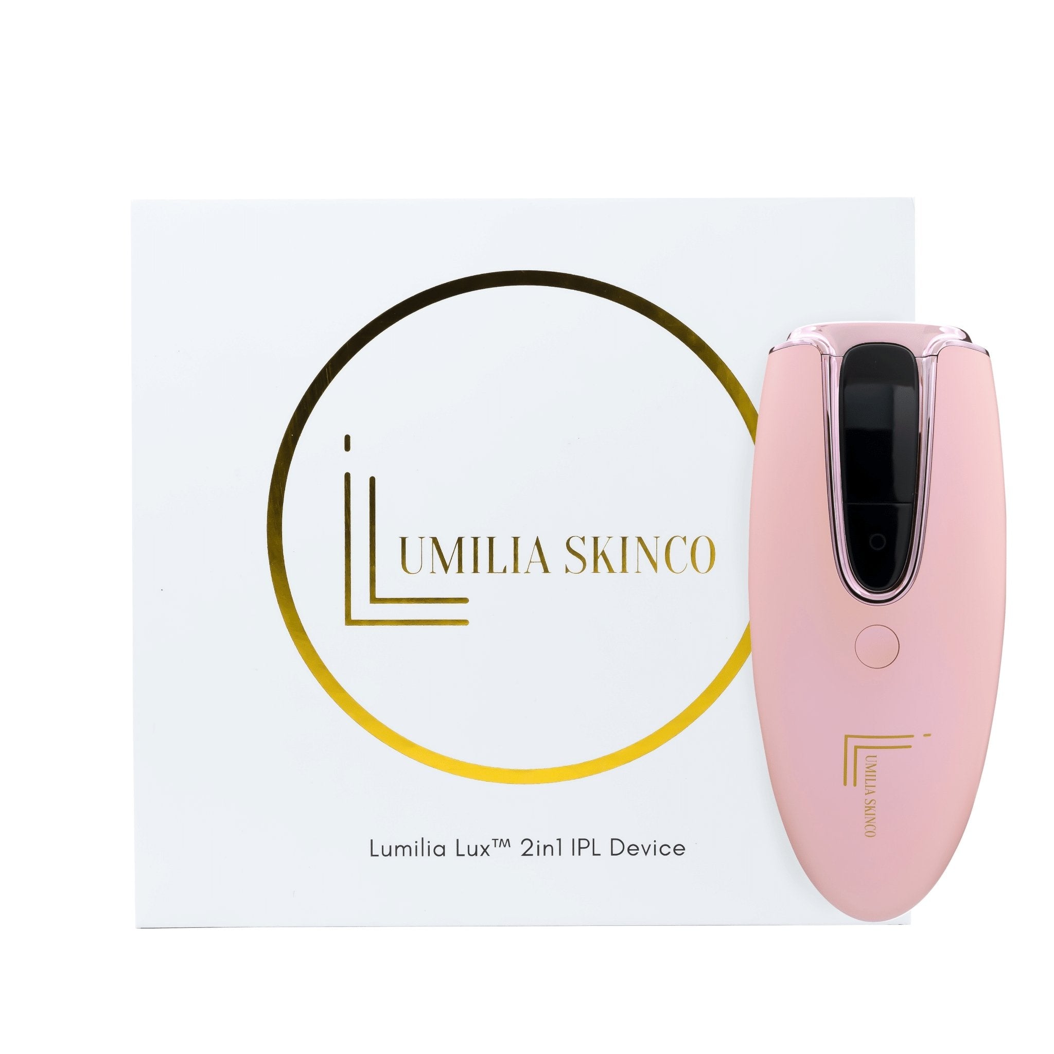 Pink Lumilia Lux™ 2in1 IPL laser hair removal and skin rejuvenation device with rose gold trim, standing upright next to official Lumilia Skin Co. packaging. FDA cleared and NRCS certified for safe, at-home use in South Africa and worldwide.