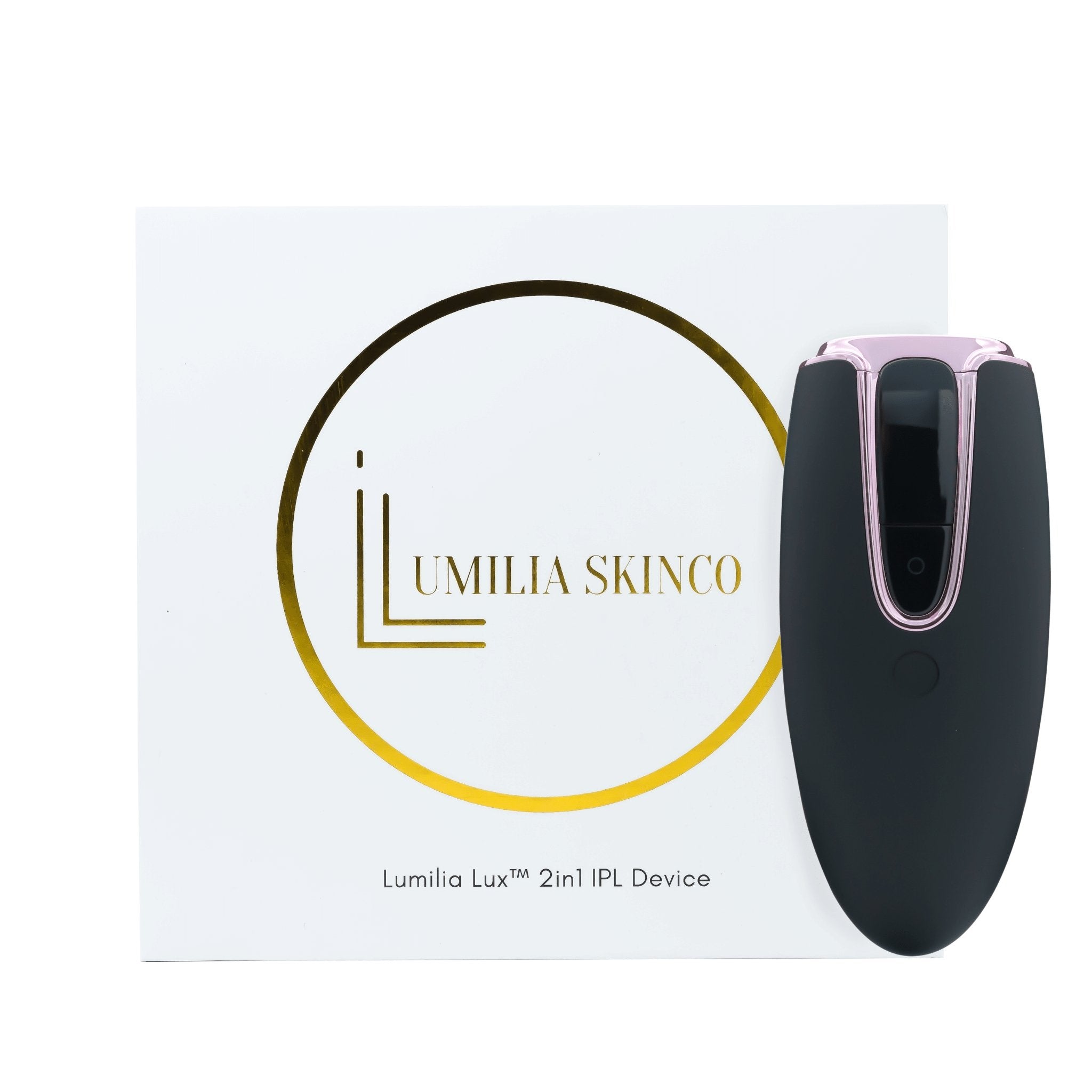 Black Lumilia Lux™ 2in1 IPL laser hair removal and skin rejuvenation device with rose gold trim, standing upright next to official Lumilia Skin Co. packaging. FDA cleared and NRCS certified for safe, at-home use in South Africa and worldwide.