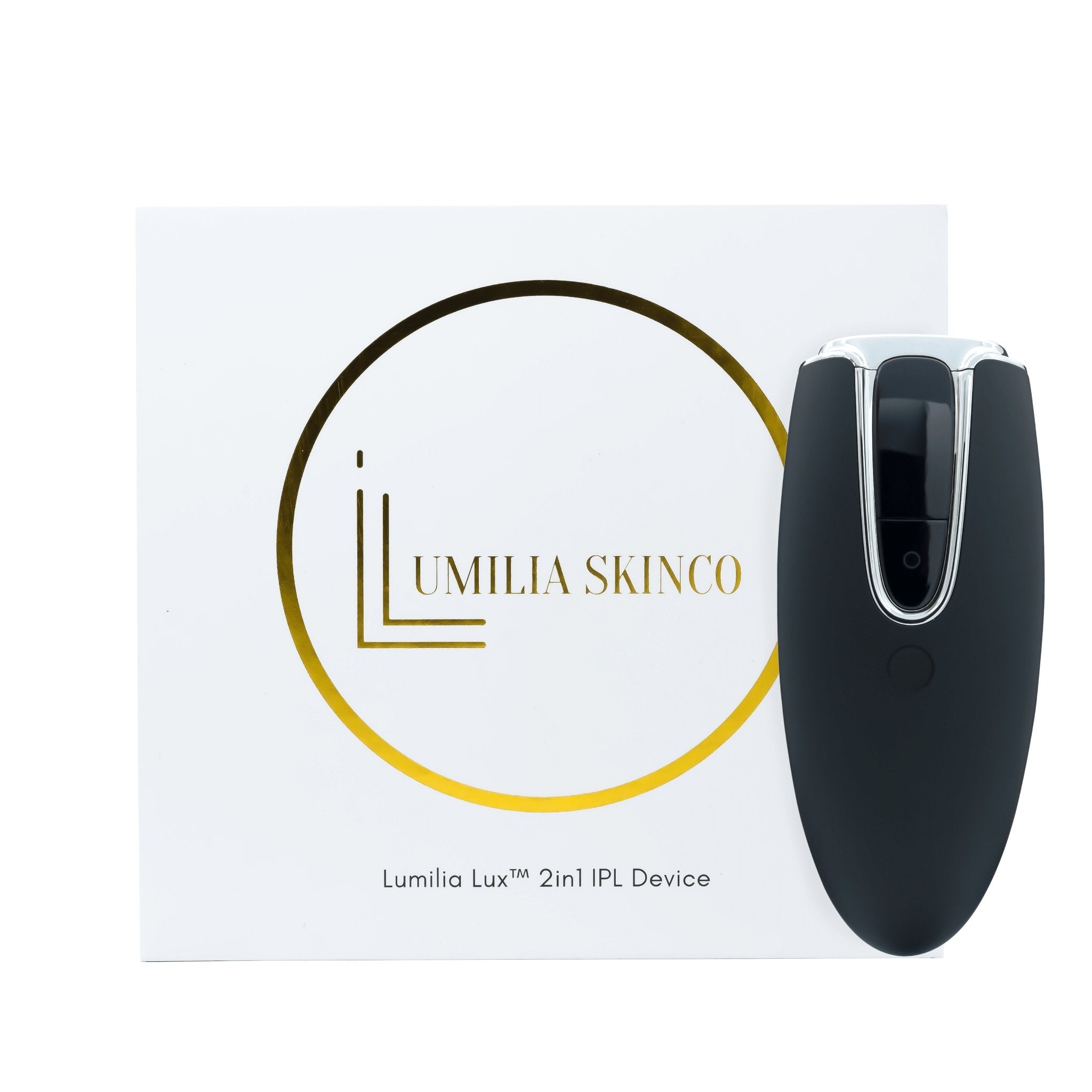 Black Silver Lumilia Lux™ 2in1 IPL laser hair removal and skin rejuvenation device with rose gold trim, standing upright next to official Lumilia Skin Co. packaging. FDA cleared and NRCS certified for safe, at-home use in South Africa and worldwide.