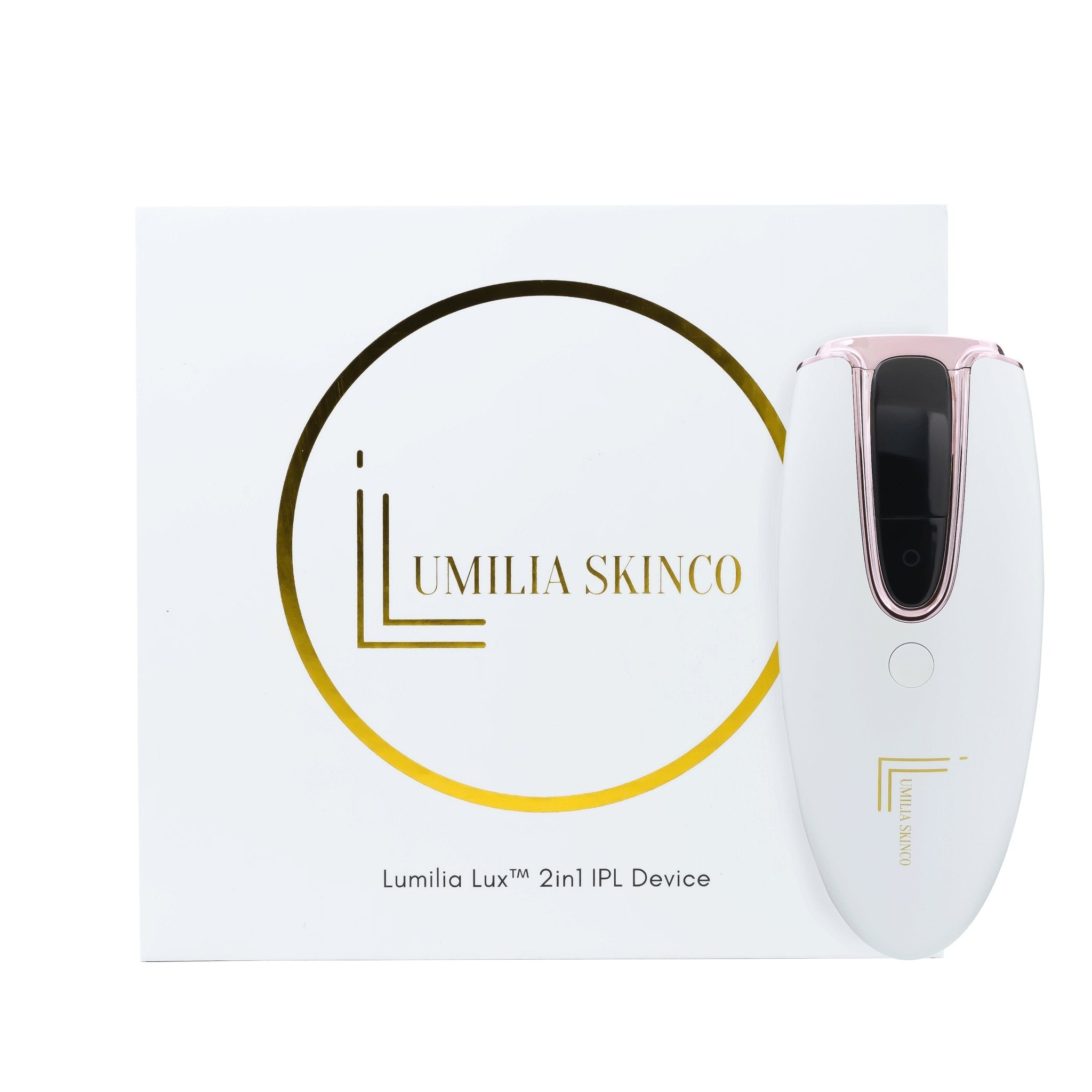 White Lumilia Lux™ 2in1 IPL laser hair removal and skin rejuvenation device with rose gold trim, standing upright beside premium Lumilia Skin Co. packaging. FDA cleared and NRCS approved for safe, at-home use in South Africa and globally.