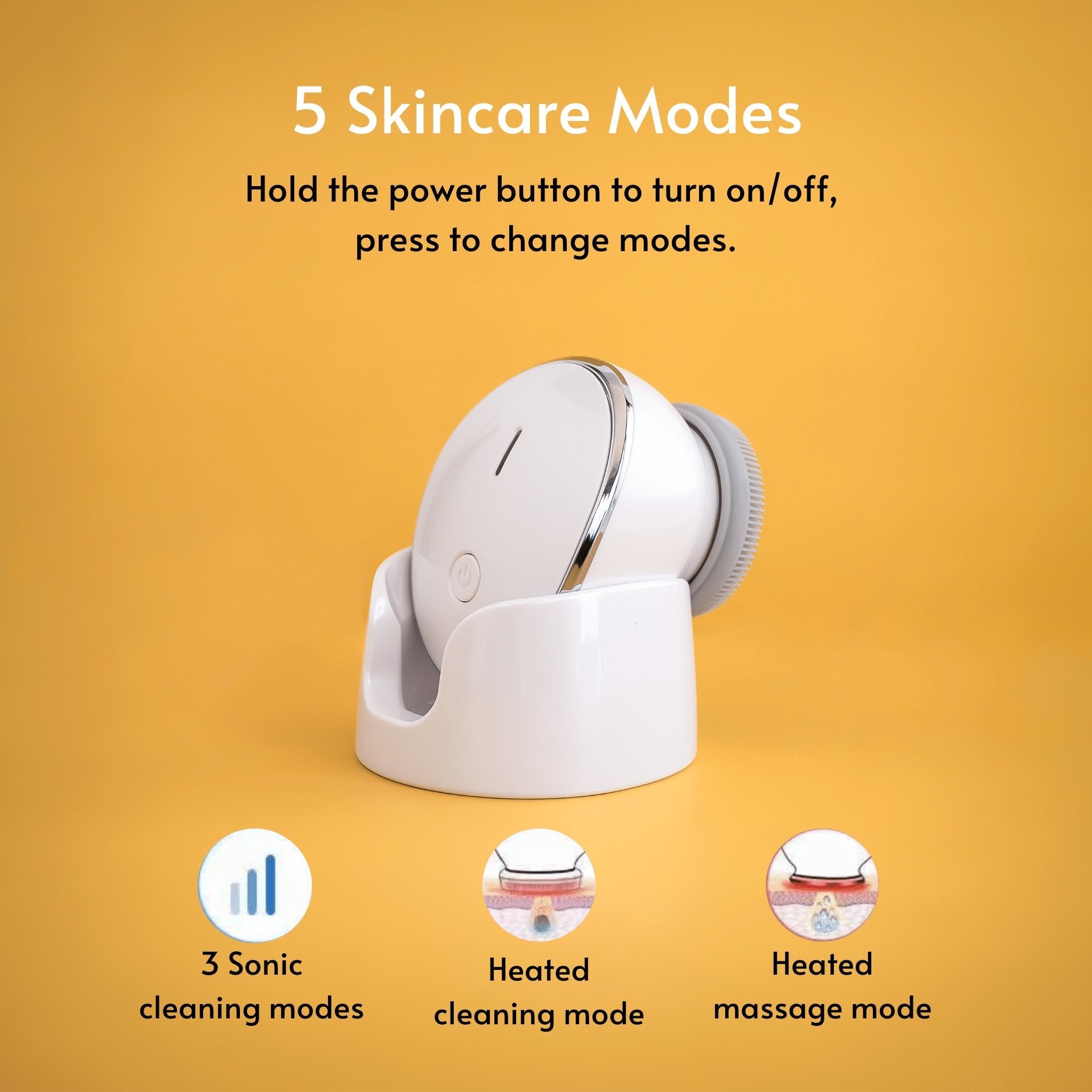Lumilia NEO 3in1 Facial Cleansing & Massage Device showing 5 skincare modes, including 3 sonic cleaning modes, heated cleaning, and heated massage mode.